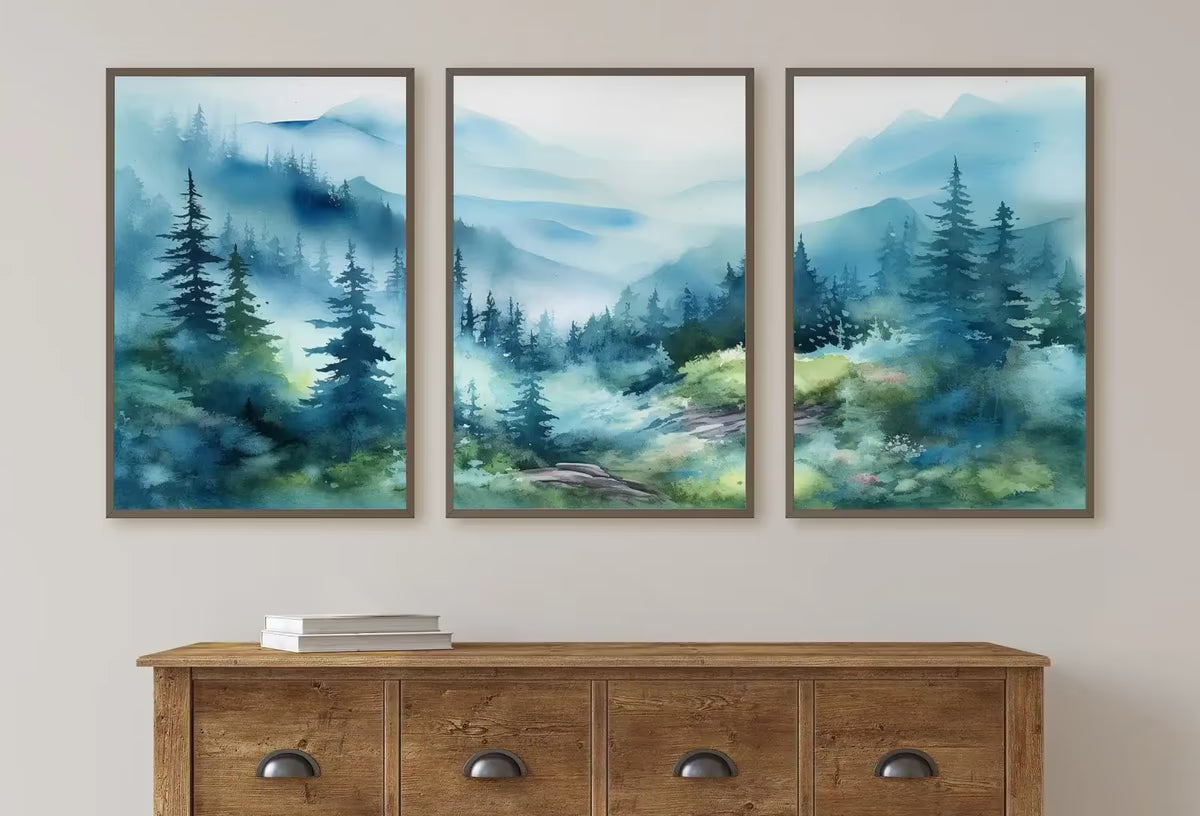 Abstract Mountain Print Set of 3 | Watercolor Blue Mountain Landscape | Nature Print Set | Modern Minimal Decor | Pine Forest Wall Art – Wall Art Set