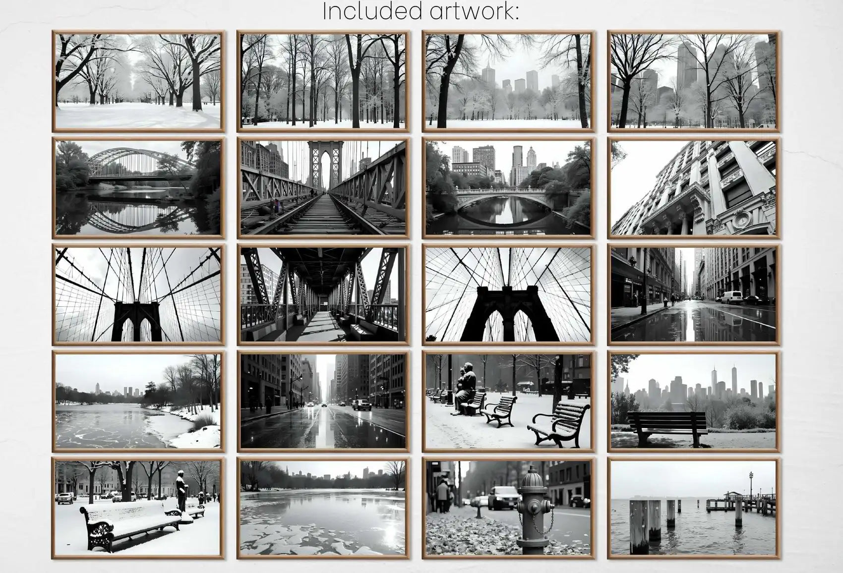 Included artwork preview showing first selection of artworks from Black and White New York Wall Art for Samsung Frame TV.