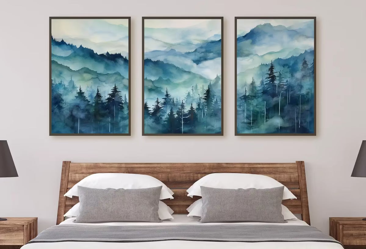 Blue Abstract Mountain 3 Piece Wall Art | Watercolor Mountain Landscape | Nature Print Set | Modern Minimal Decor | Pine Forest Wall Art – Printable Wall Art Set