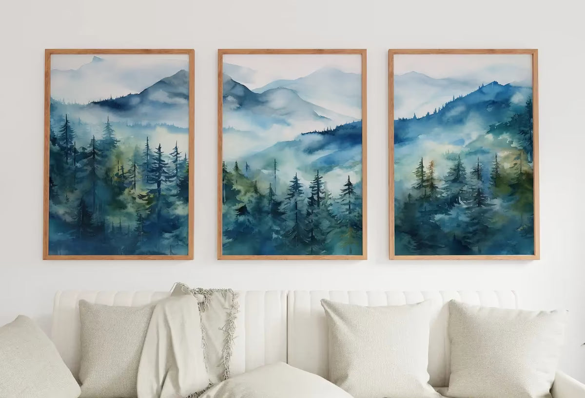 Blue Abstract Mountain Print Set of 3 | Watercolor Mountain Landscape | Nature Print Set | Modern Minimal Decor | Pine Forest Wall Art – Printable Wall Art Set