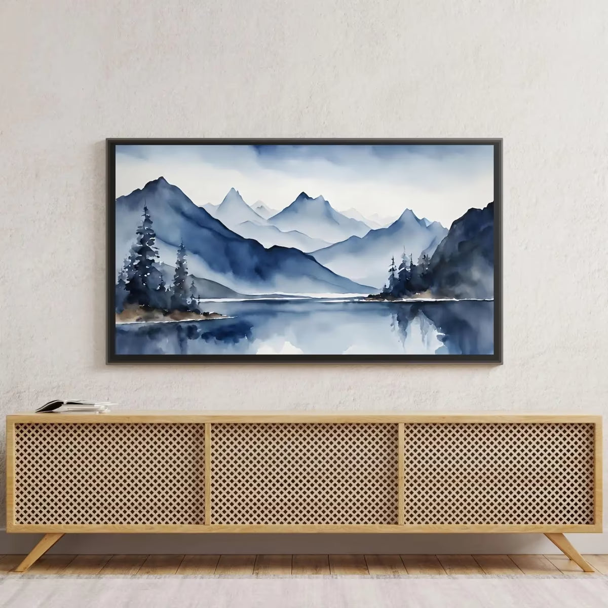 Blue Mountains Lake Art. Watercolor Decor for Frame TV. Minimalist Nature Scene Artwork – Frame TV  Art