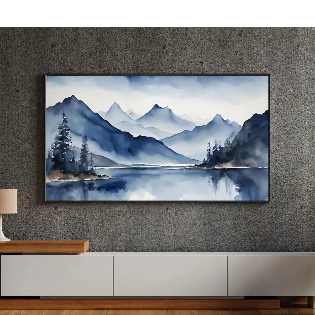 Blue Mountains Lake Art. Watercolor Decor for Frame TV. Minimalist Nature Scene Artwork – Frame TV  Art