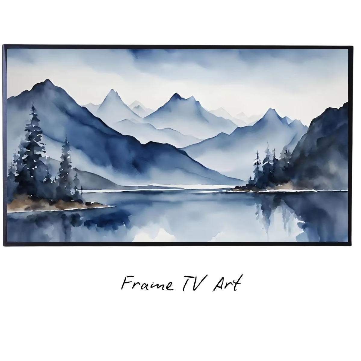 Blue Mountains Lake Art. Watercolor Decor for Frame TV. Minimalist Nature Scene Artwork – Frame TV  Art