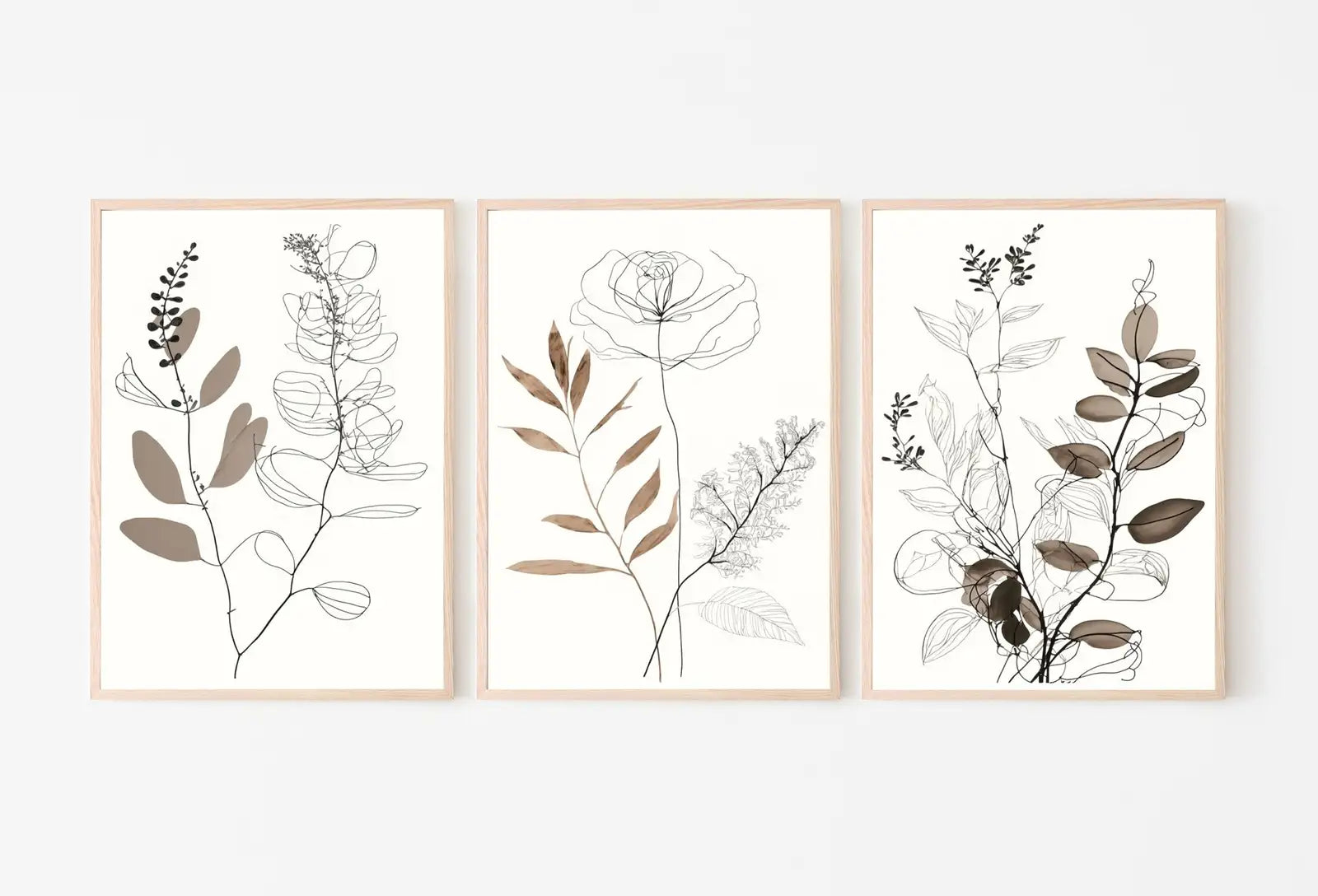 Ensemble de 3 impressions d’art botanique en traits minimalistes. Impressions murales neutres. Motifs de plantes minimalistes en beige et blanc. Art mural imprimable