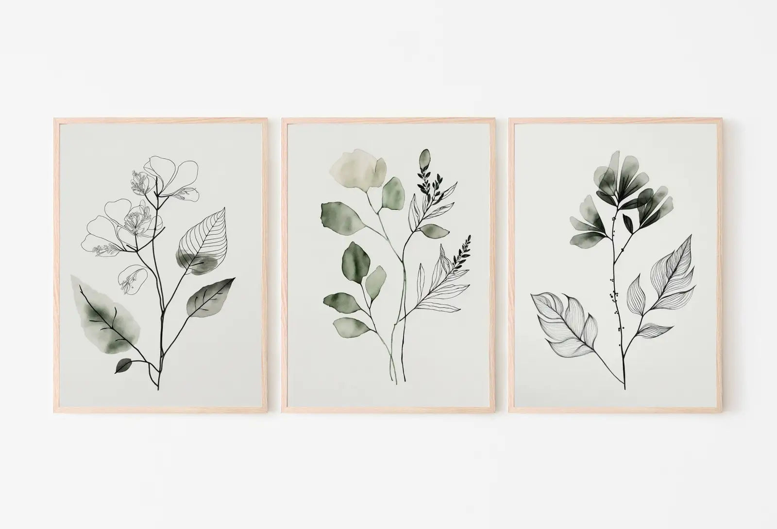 Framed view of Botanical Print Set of 3. Sage Green Gallery Wall Art. Boho Wild Flowers Printable Art. Abstract Line Art. Watercolor Floral Minimalist #3 – printable wall art digital download.