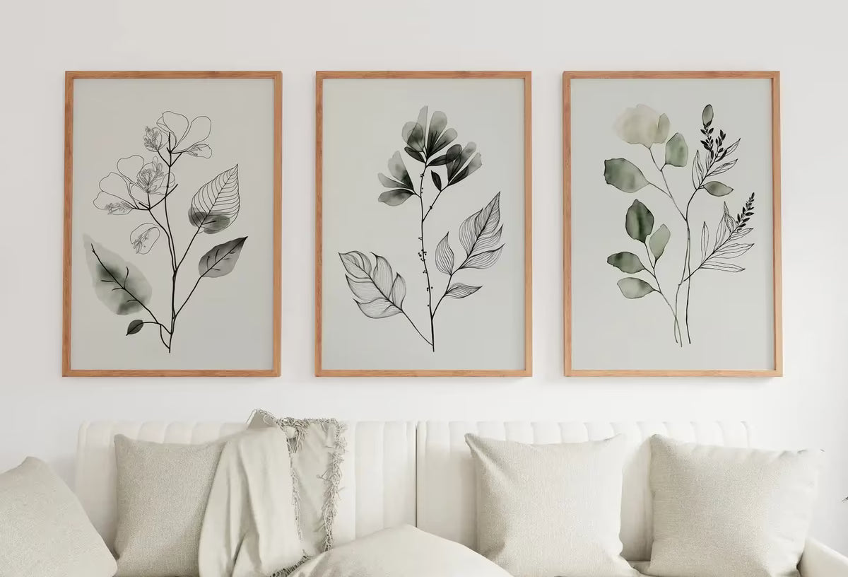 Botanical Print Set of 3. Sage Green Gallery Wall Art. Boho Wild Flowers Printable Art. Abstract Line Art. Watercolor Floral Minimalist #3 – Printable Wall Art Set
