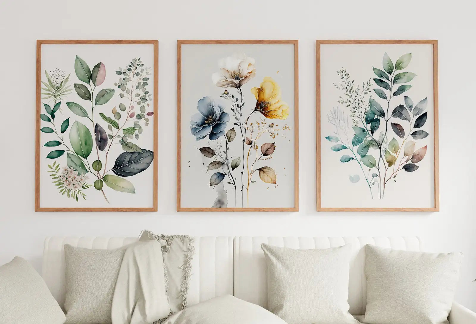 Framed view of Botanical Print Set of 3. Watercolor Gallery Wall Art. Floral Printable Line Art. Wild Flowers Bouquet Art. Minimal Boho Floral Prints. #1 – printable wall art digital download.