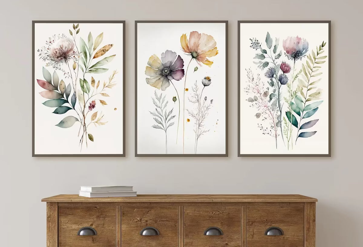Botanical Print Set of 3. Watercolor Gallery Wall Art. Floral Printable Line Art. Wild Flowers Bouquet Art. Minimal Boho Floral Prints. #3 – Printable Wall Art Set