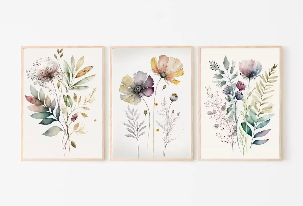 Botanical Print Set of 3. Watercolor Gallery Wall Art. Floral Printable Line Art. Wild Flowers Bouquet Art. Minimal Boho Floral Prints. #3 – Printable Wall Art Set
