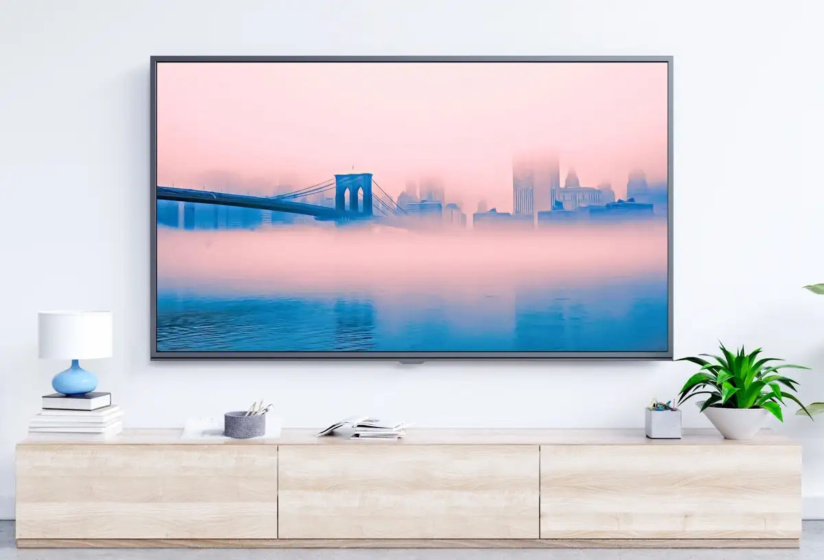 Detail view of artwork from Brooklyn Bridge New York Pink Fog, Frame TV Art, Digital Download, Digital Art for TV, Colorful Wall Art, Artwork for The Frame TV. (variation 2)