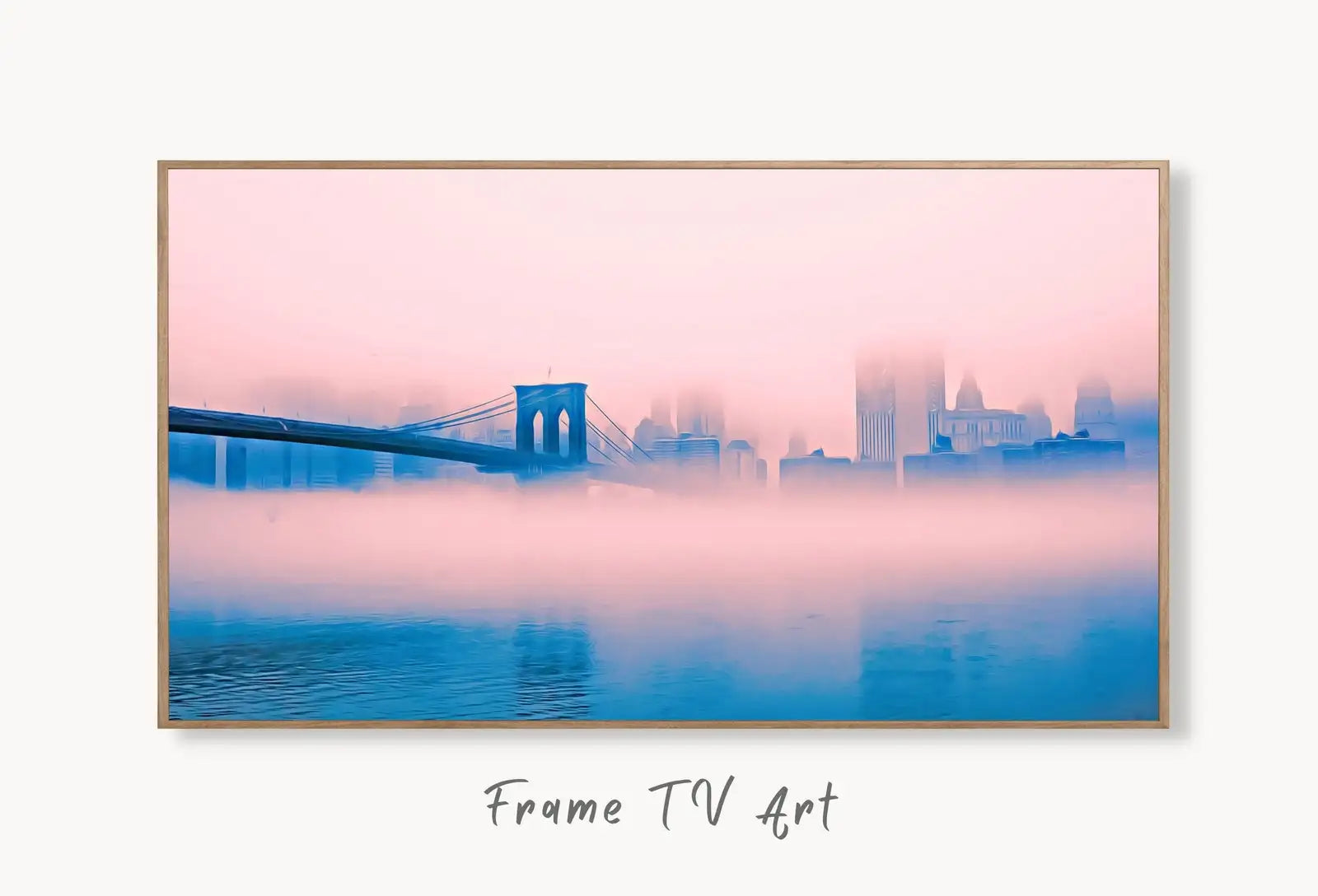 Brooklyn Bridge New York Pink Fog, Frame TV Art, Digital Download, Digital Art for TV, Colorful Wall Art, Artwork for The Frame TV displayed on Samsung Frame TV on a living room wall.