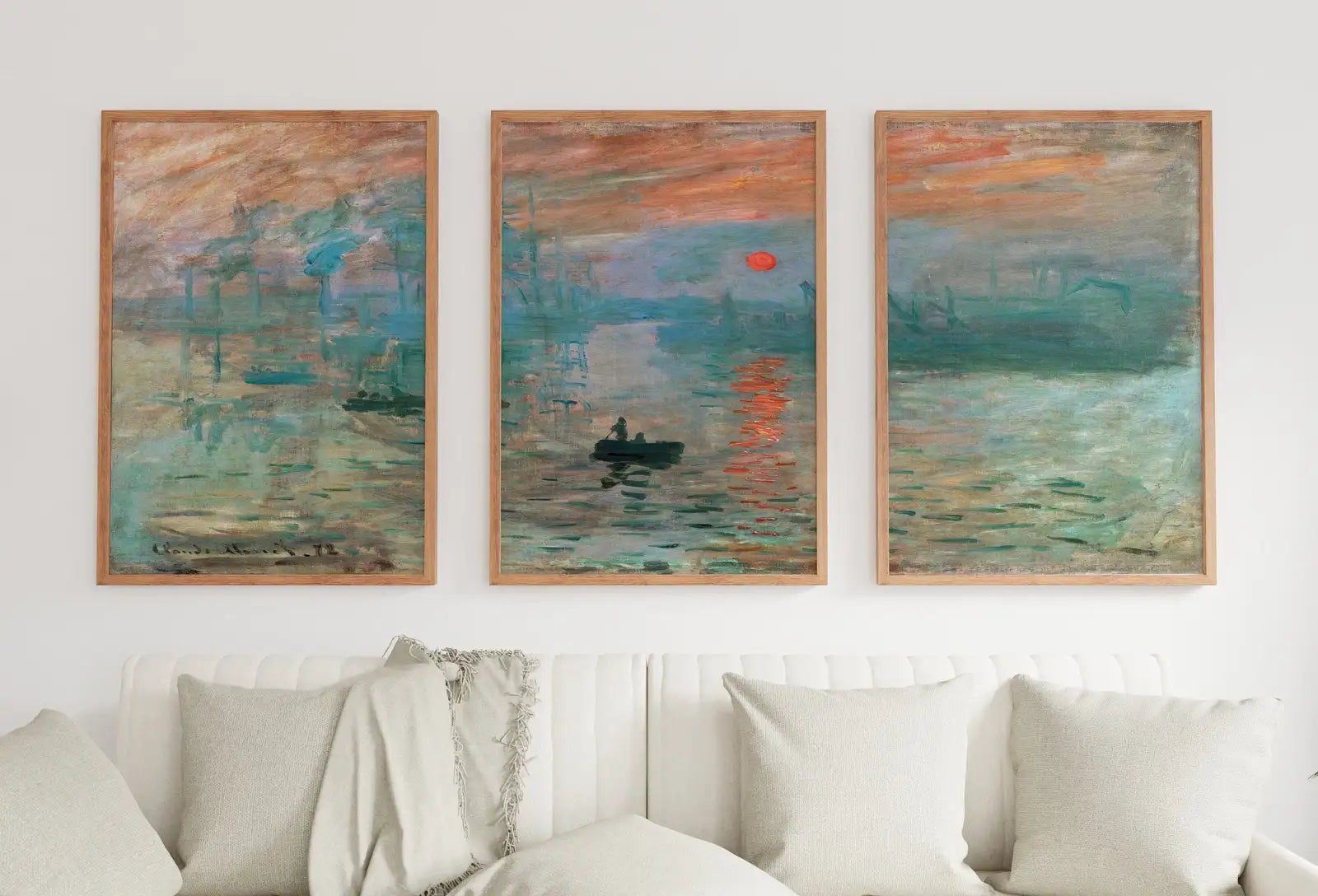 Framed view of Claude Monet Famous Sunrise Painting. Set of 3 Prints. Instant Download Vintage Painting. 3 Piece Wall Art. Printable Fine Art Prints – printable wall art digital download.