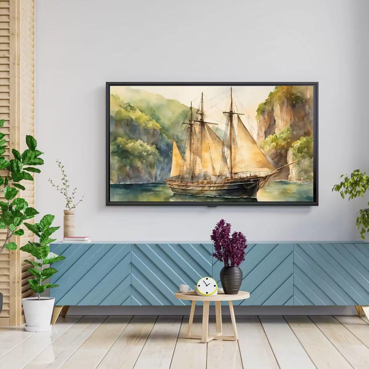 Coastal Decor For Frame TV Art. Nautical Theme Watercolor Ocean Artwork. Vintage Marine Ship Wall Art Digital Print – Frame TV  Art