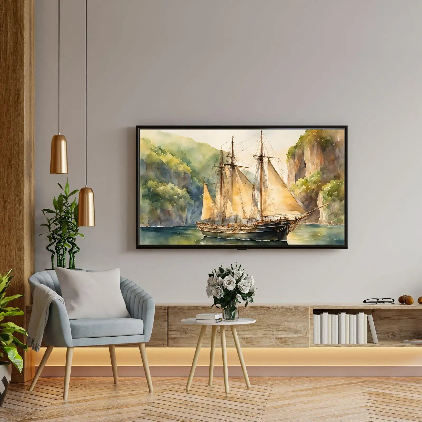 Detail view of artwork from Coastal Decor For Frame TV Art. Nautical Theme Watercolor Ocean Artwork. Vintage Marine Ship Wall Art Digital Print. (variation 2)
