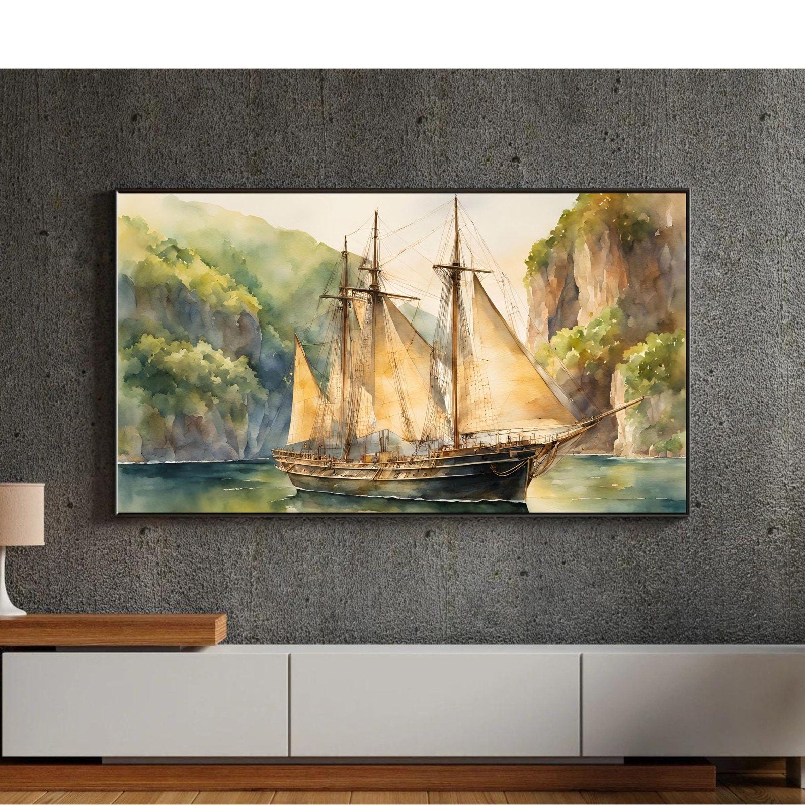 Detail view of artwork from Coastal Decor For Frame TV Art. Nautical Theme Watercolor Ocean Artwork. Vintage Marine Ship Wall Art Digital Print. (variation 6)