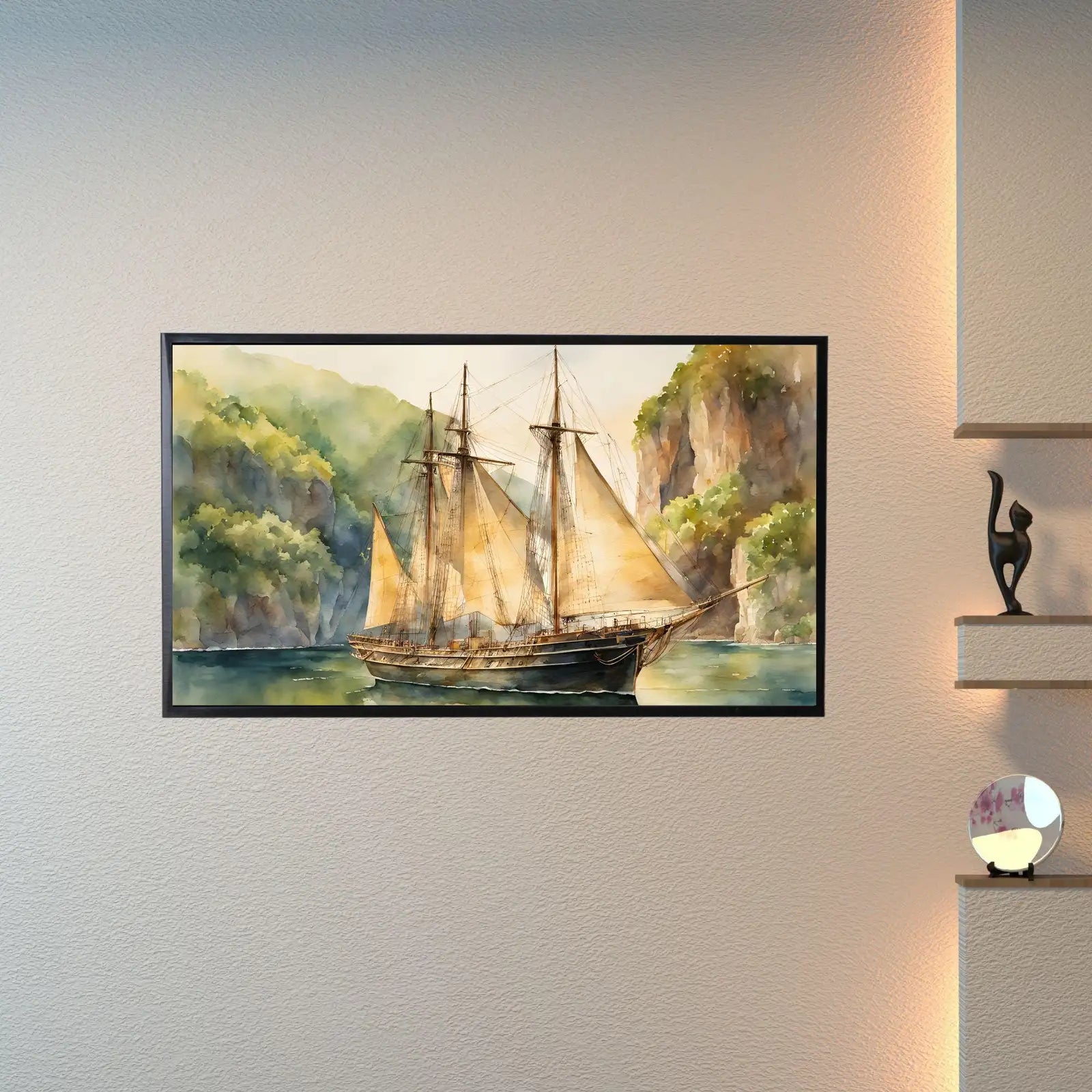 Detail view of artwork from Coastal Decor For Frame TV Art. Nautical Theme Watercolor Ocean Artwork. Vintage Marine Ship Wall Art Digital Print. (variation 7)