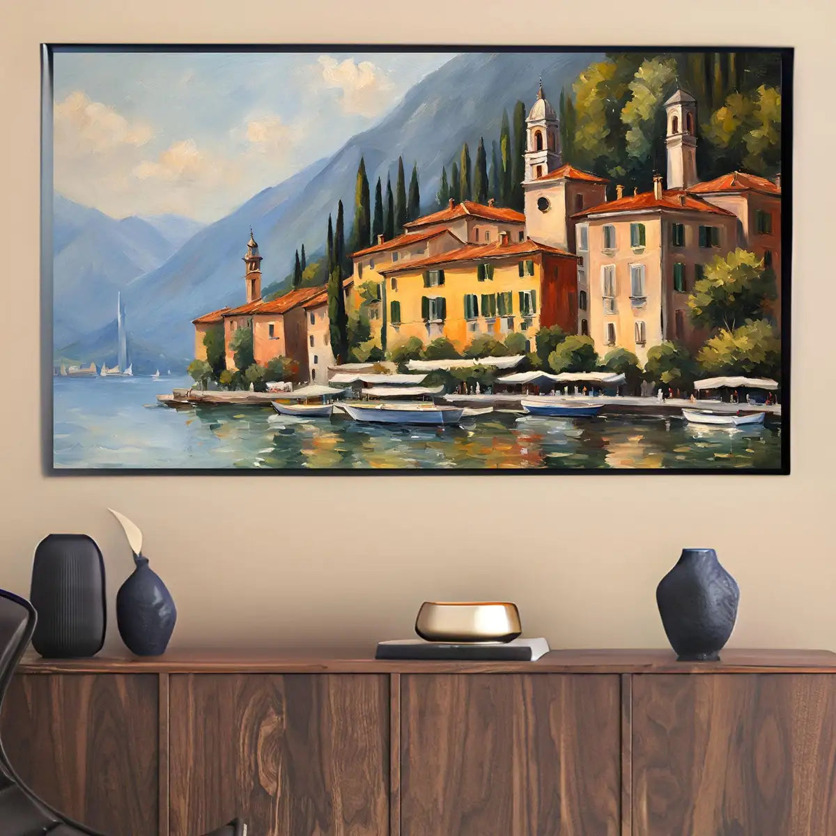 Detail view of artwork from Como Lake Art For Samsung Frame TV. Italy Landscape Modern Wall Decor. Stylish TV Digital Art For Display. (variation 2)