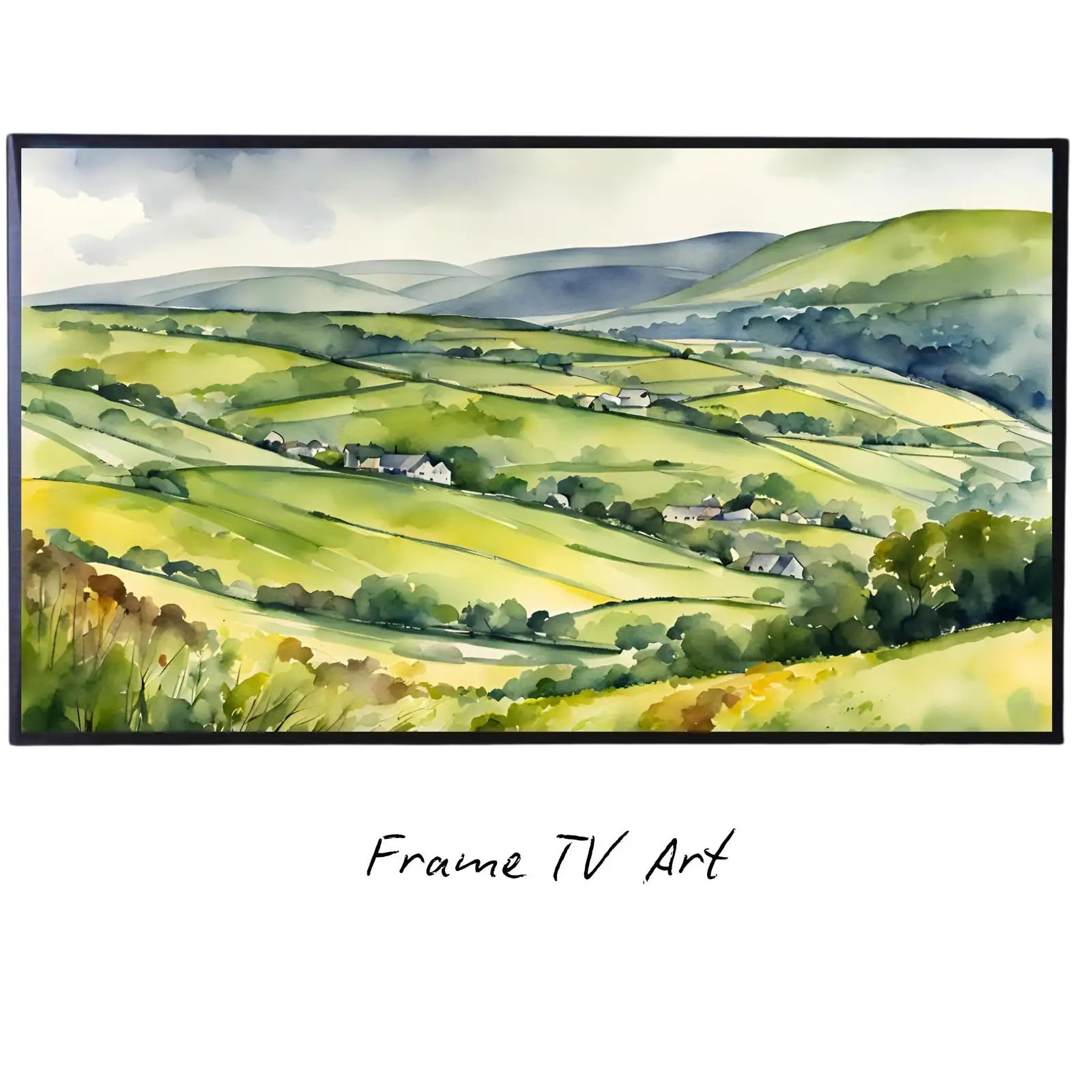 Countryside Art For Frame TV. Watercolor Decor For Samsung Frame TV. Wild Flowers Landscape 4K Display displayed on Samsung Frame TV on a living room wall.