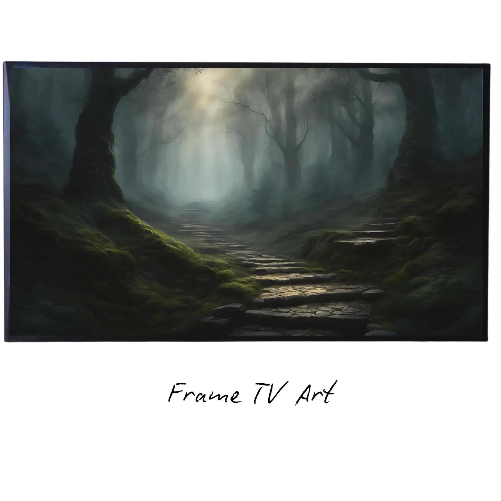 Dark Forest Art For Samsung Frame TV I Watercolor Landscape Wall Decor I 4K Frame TV Dark Academia Painting displayed on Samsung Frame TV on a living room wall.
