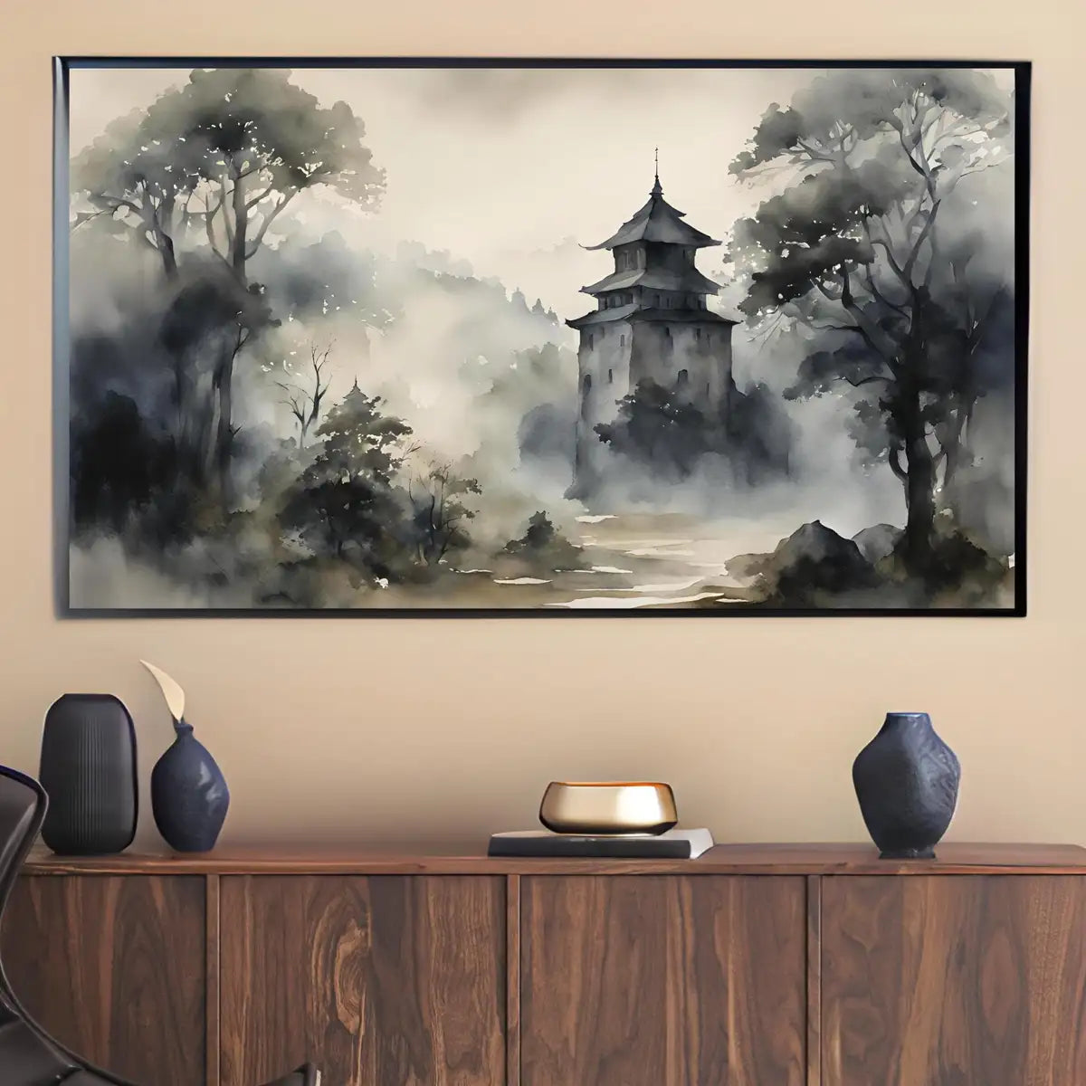 Detail view of artwork from Dark Japanese Art For Frame TV I Watercolor Decor For Samsung Frame TV I Dark Academia Aesthetic Digital Art. (variation 2)