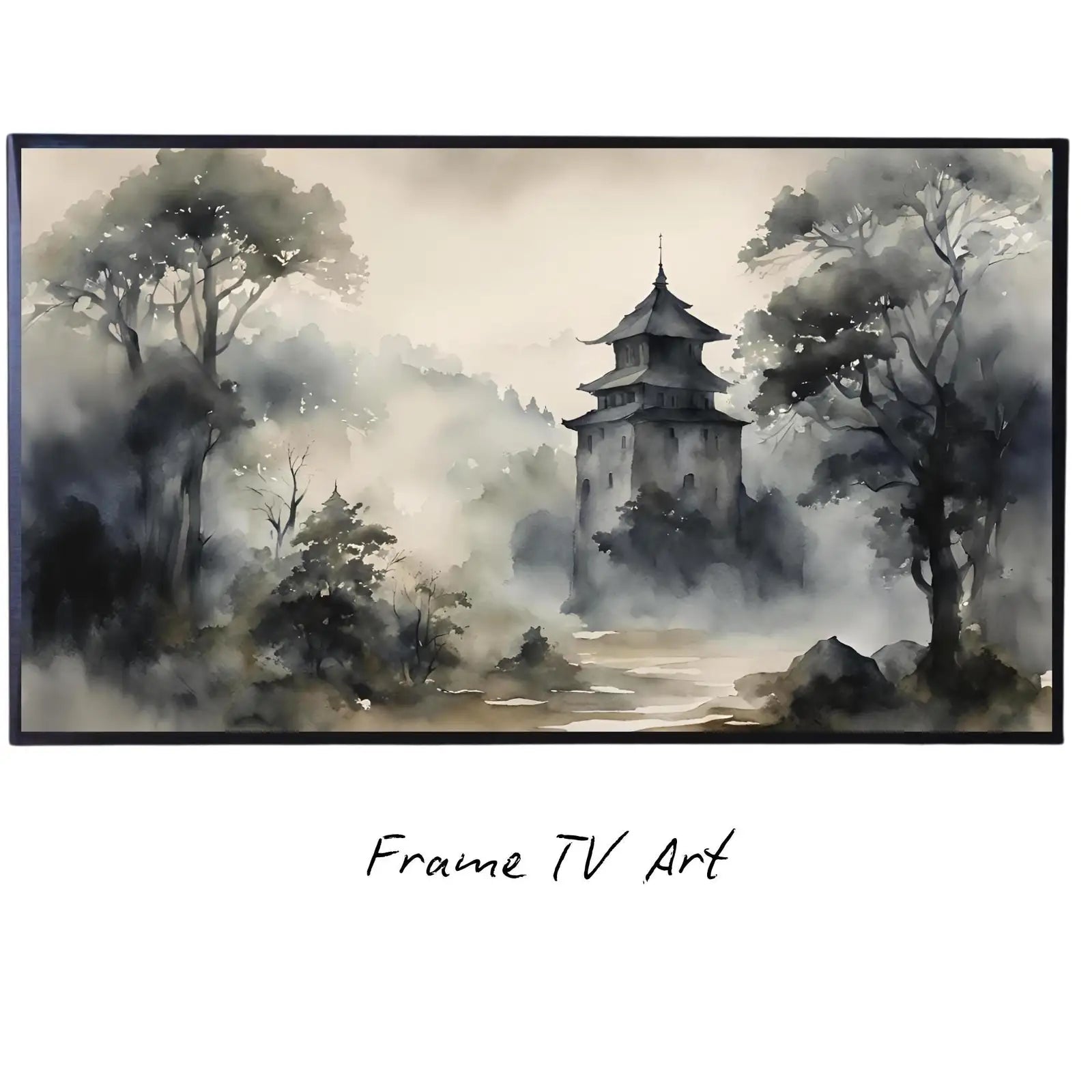 Dark Japanese Art For Frame TV I Watercolor Decor For Samsung Frame TV I Dark Academia Aesthetic Digital Art displayed on Samsung Frame TV on a living room wall.