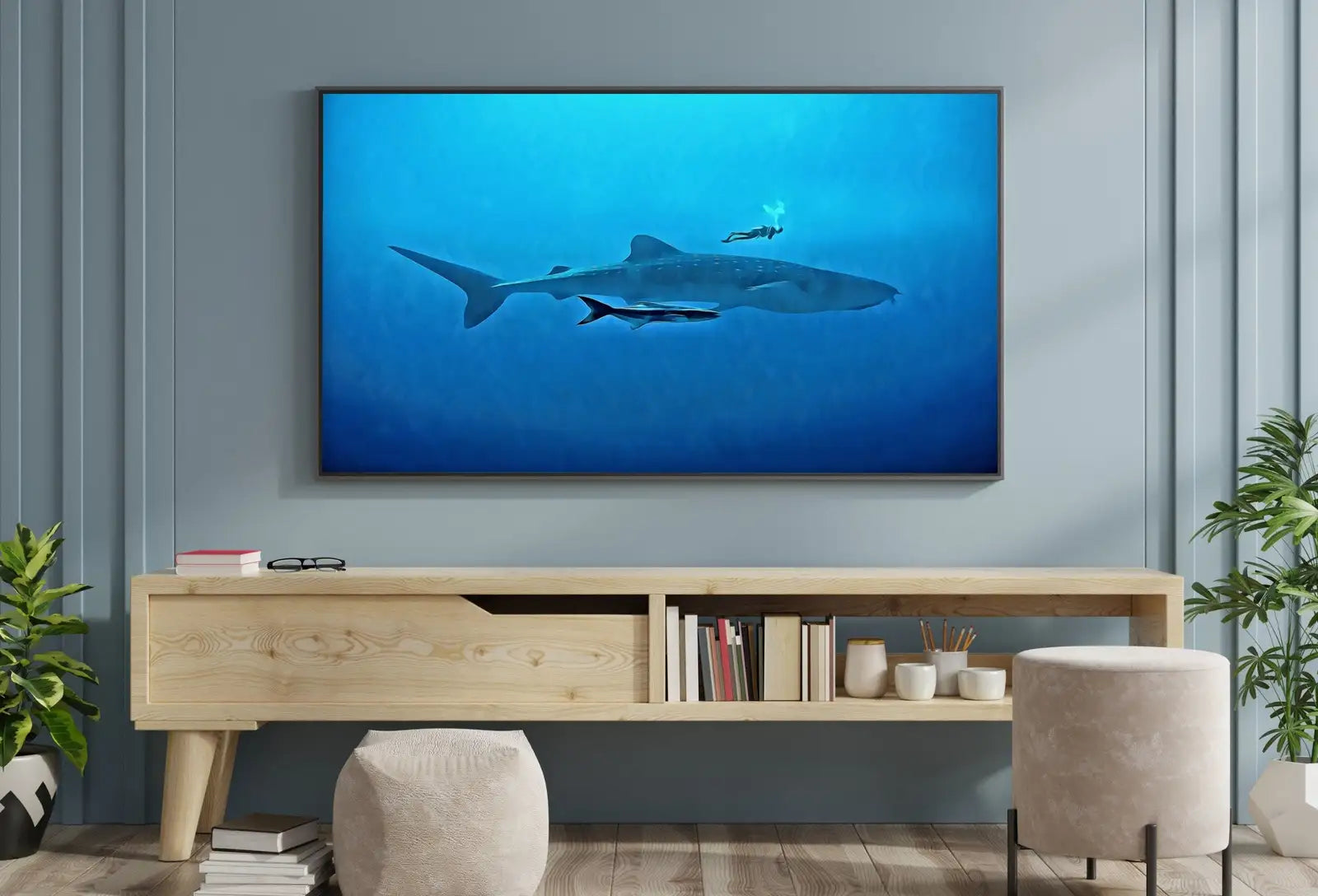 Included artwork preview showing first selection of artworks from Diver With Sharks in Deep Water Frame TV Art. Frame TV Art Digital Download, Art for Tv, Colorful Art for Frame TV, Ocean Wall Art.