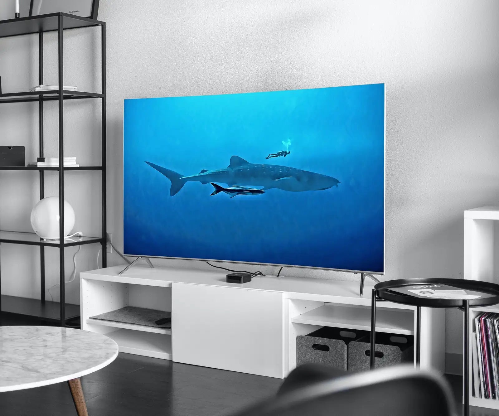 Detail view of artwork from Diver With Sharks in Deep Water Frame TV Art. Frame TV Art Digital Download, Art for Tv, Colorful Art for Frame TV, Ocean Wall Art. (variation 1)