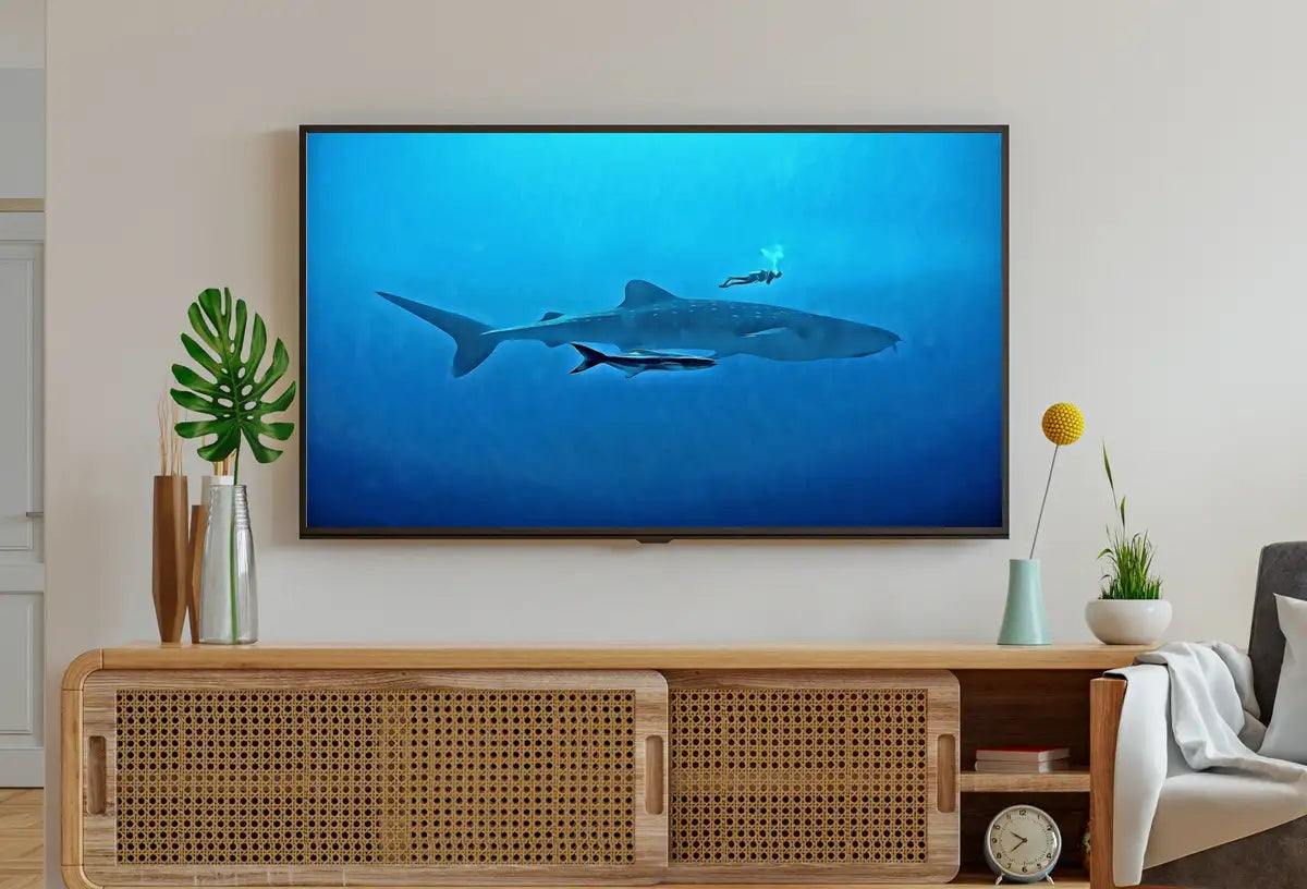 Detail view of artwork from Diver With Sharks in Deep Water Frame TV Art. Frame TV Art Digital Download, Art for Tv, Colorful Art for Frame TV, Ocean Wall Art. (variation 2)