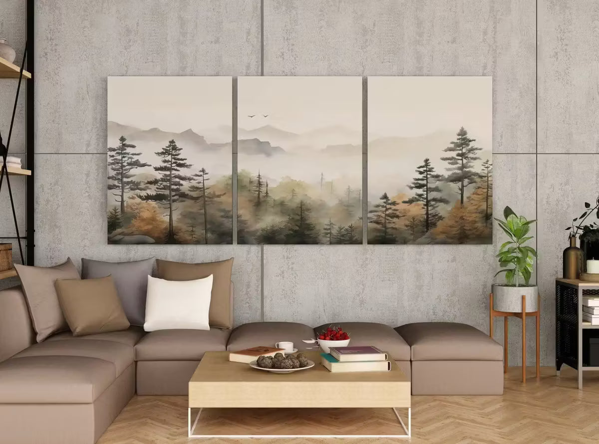 Fall Forest & Mountain 3 Piece Wall Art | Watercolor Autumn Landscape | Abstract Nature Print | Modern Minimal Decor | Pine Forest Wall Art – Printable Wall Art