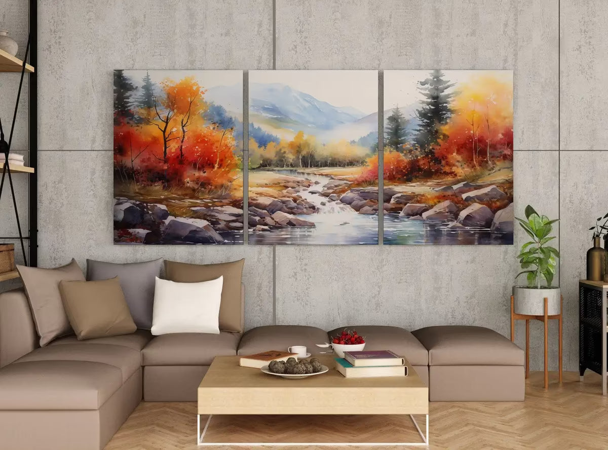 Fall Forest & River 3 Piece Wall Art | Watercolor Autumn Landscape | Abstract Nature Print | Modern Colorful Decor | Pine Forest Wall Art
