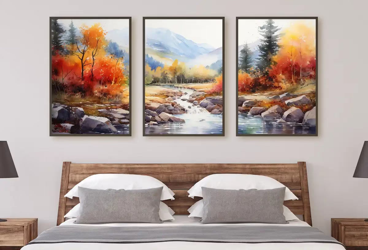 Fall Forest & River 3 Piece Wall Art | Watercolor Autumn Landscape | Abstract Nature Print | Modern Colorful Decor | Pine Forest Wall Art