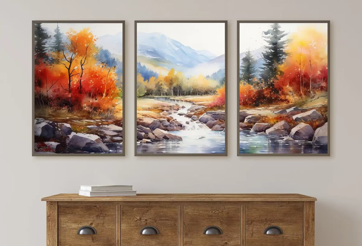 Fall Forest & River 3 Piece Wall Art | Watercolor Autumn Landscape | Abstract Nature Print | Modern Colorful Decor | Pine Forest Wall Art