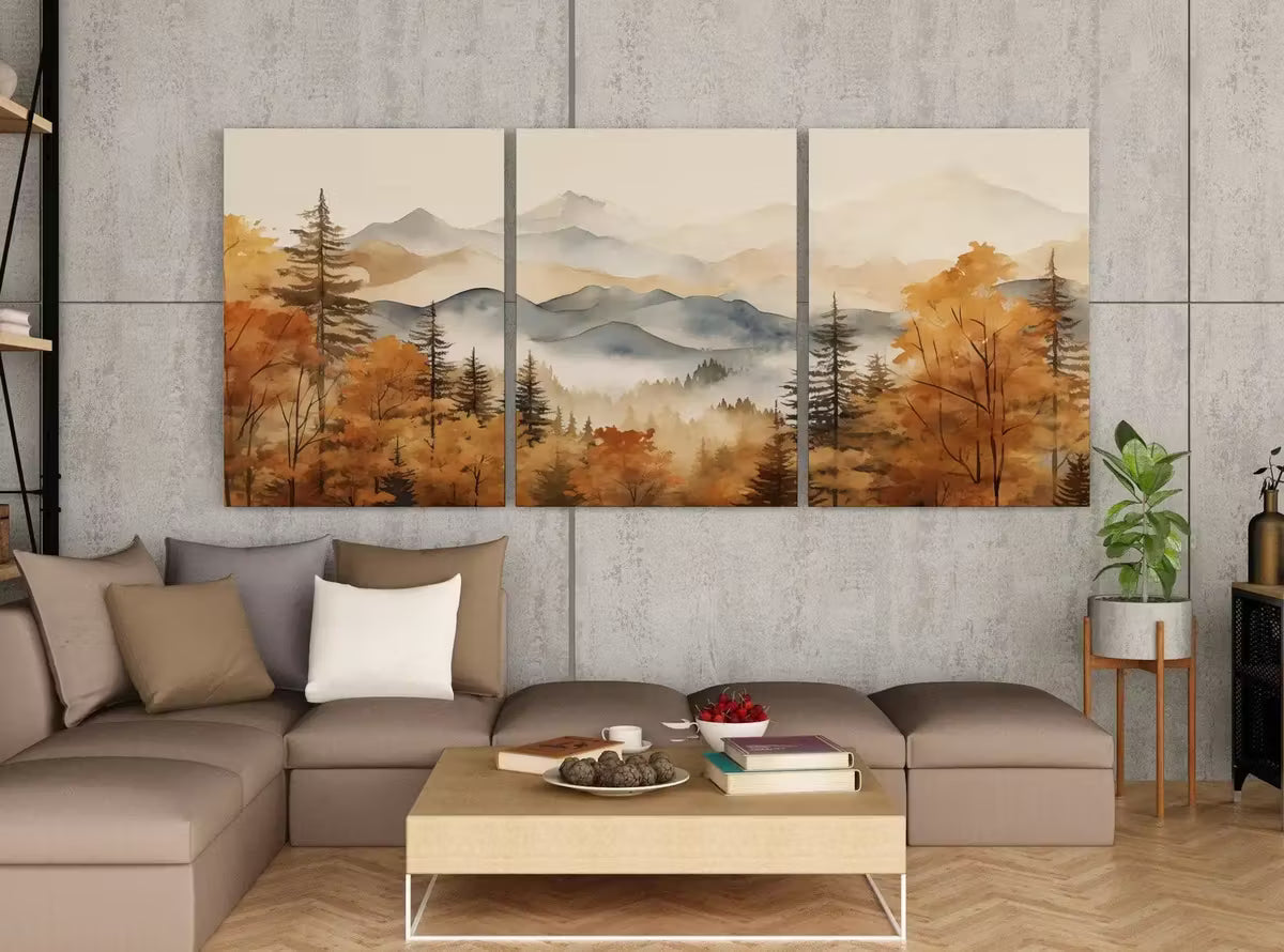 Fall Mountain & Forest 3 Piece Wall Art | Abstract Nature Print | Watercolor Autumn Landscape | Modern Minimal Decor | Pine Forest Wall Art – Printable Wall Art