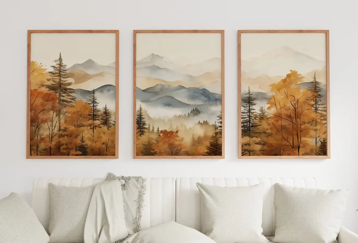 Fall Mountain & Forest 3 Piece Wall Art | Abstract Nature Print | Watercolor Autumn Landscape | Modern Minimal Decor | Pine Forest Wall Art – Printable Wall Art