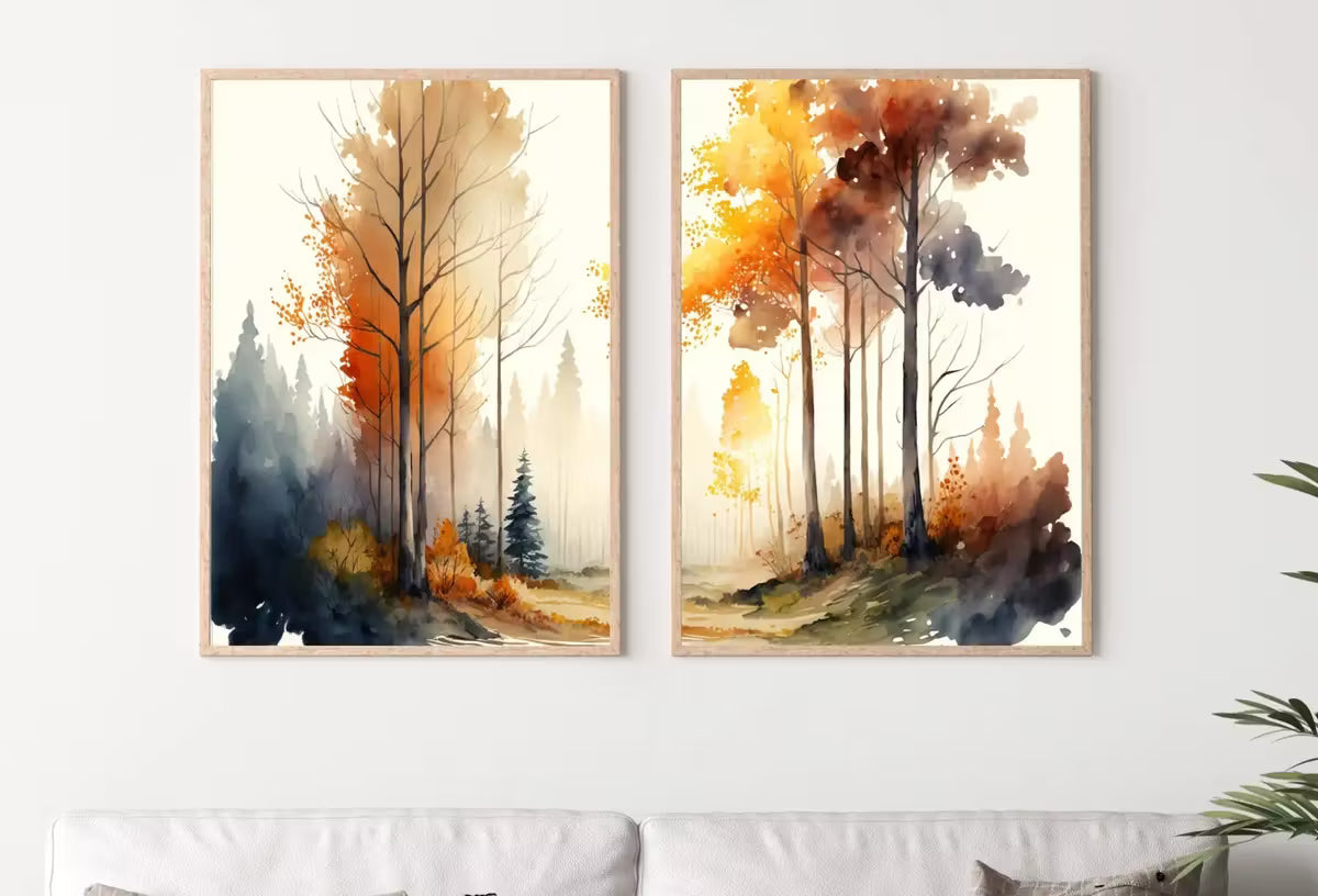 Fall Watercolor Forest Landscape Printable. Printable Wall Art. Set of 2 Prints. Autumn Forest Trees Painting. Nature Decor. Forest Art – Printable Wall Art Set