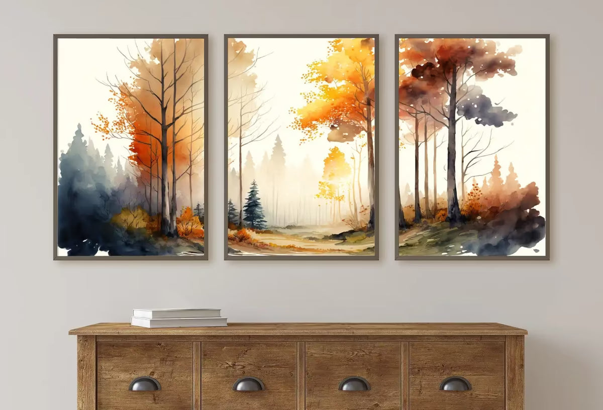 Fall Watercolor Forest Landscape. Printable Wall Art. Set of 3 Prints. Autumn Forest Painting. Gallery Wall Set. Nature Decor. Forest Art – Printable Wall Art Set
