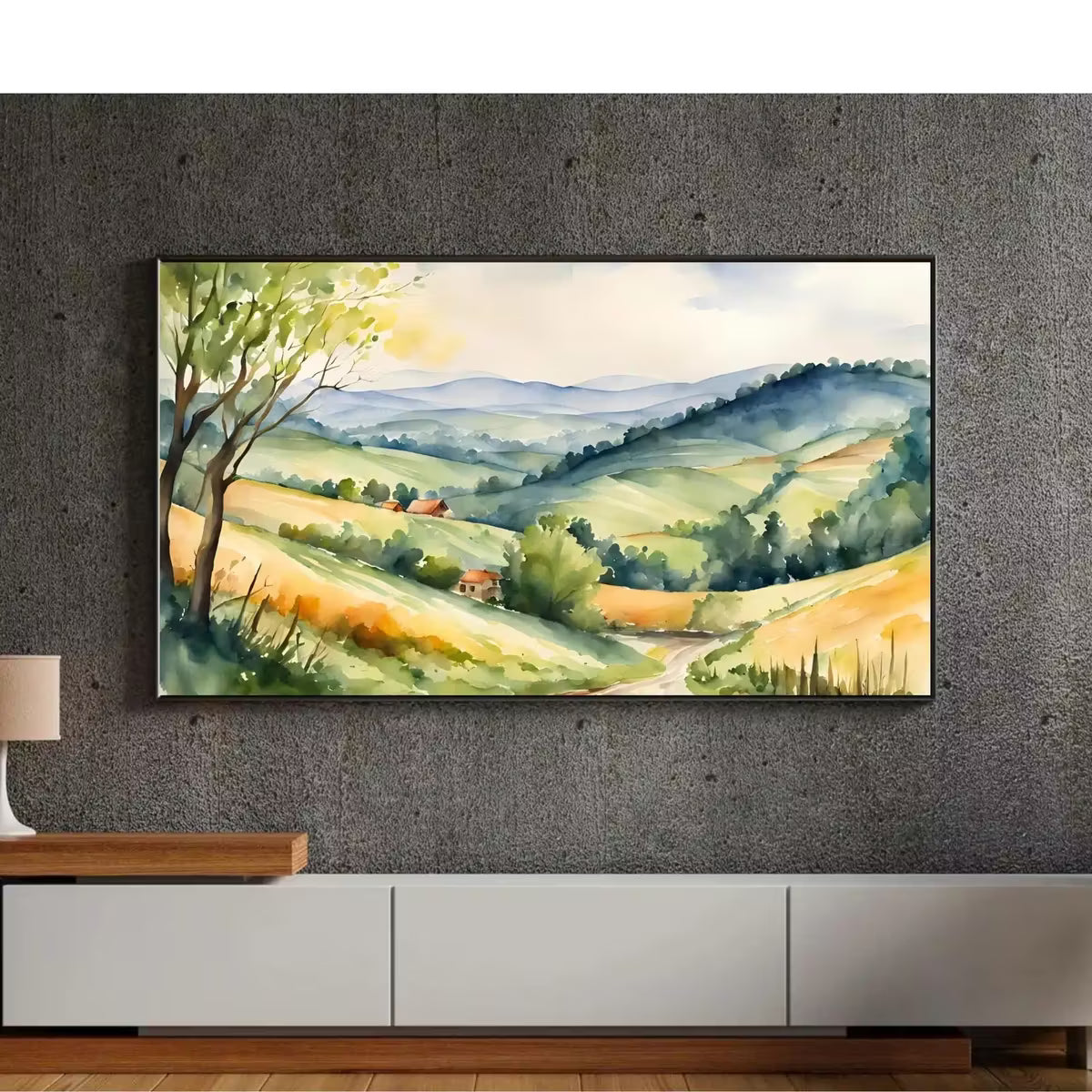 Fields Art For Frame TV. Watercolor Wall Painting Home Decor. Rustic Frame Country View Scenic Display. – Frame TV  Art