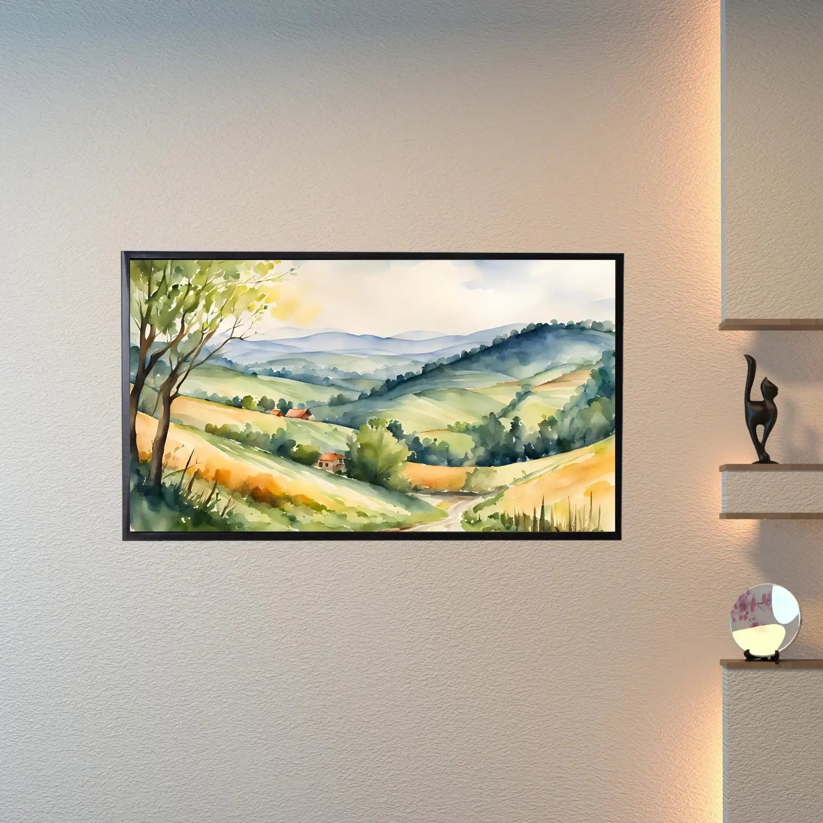 Detail view of artwork from Fields Art For Frame TV. Watercolor Wall Painting Home Decor. Rustic Frame Country View Scenic Display.. (variation 1)