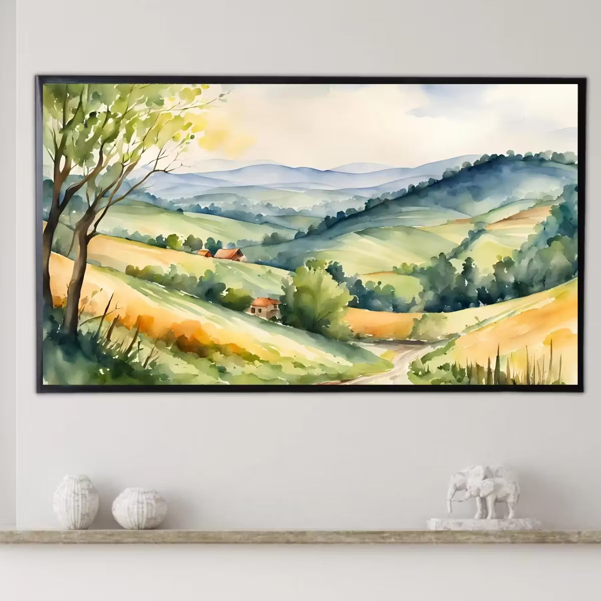 Fields Art For Frame TV. Watercolor Wall Painting Home Decor. Rustic Frame Country View Scenic Display. – Frame TV  Art