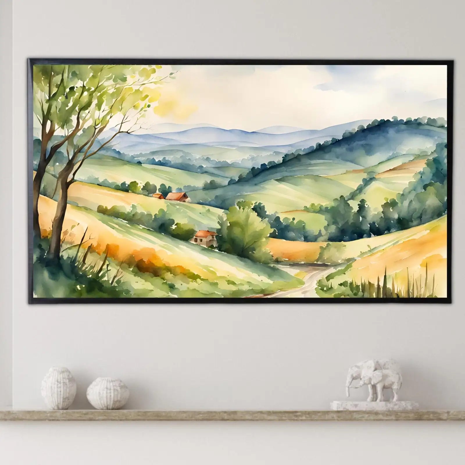 Second included artwork preview from Fields Art For Frame TV. Watercolor Wall Painting Home Decor. Rustic Frame Country View Scenic Display. featuring various scenes.