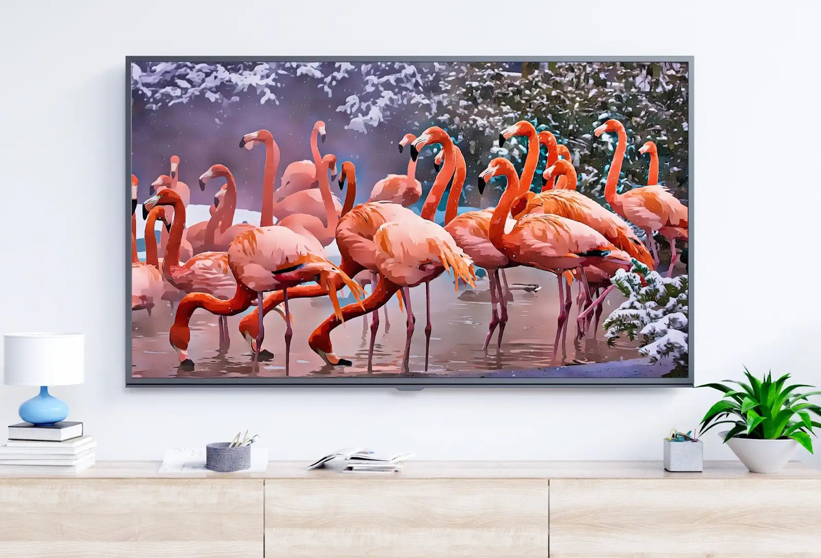 Included artwork preview showing first selection of artworks from Flamingos in Winter Frame TV Art Digital Download, Digital Art for Tv, Colorful Art for Frame TV Tropical Bird Decor.