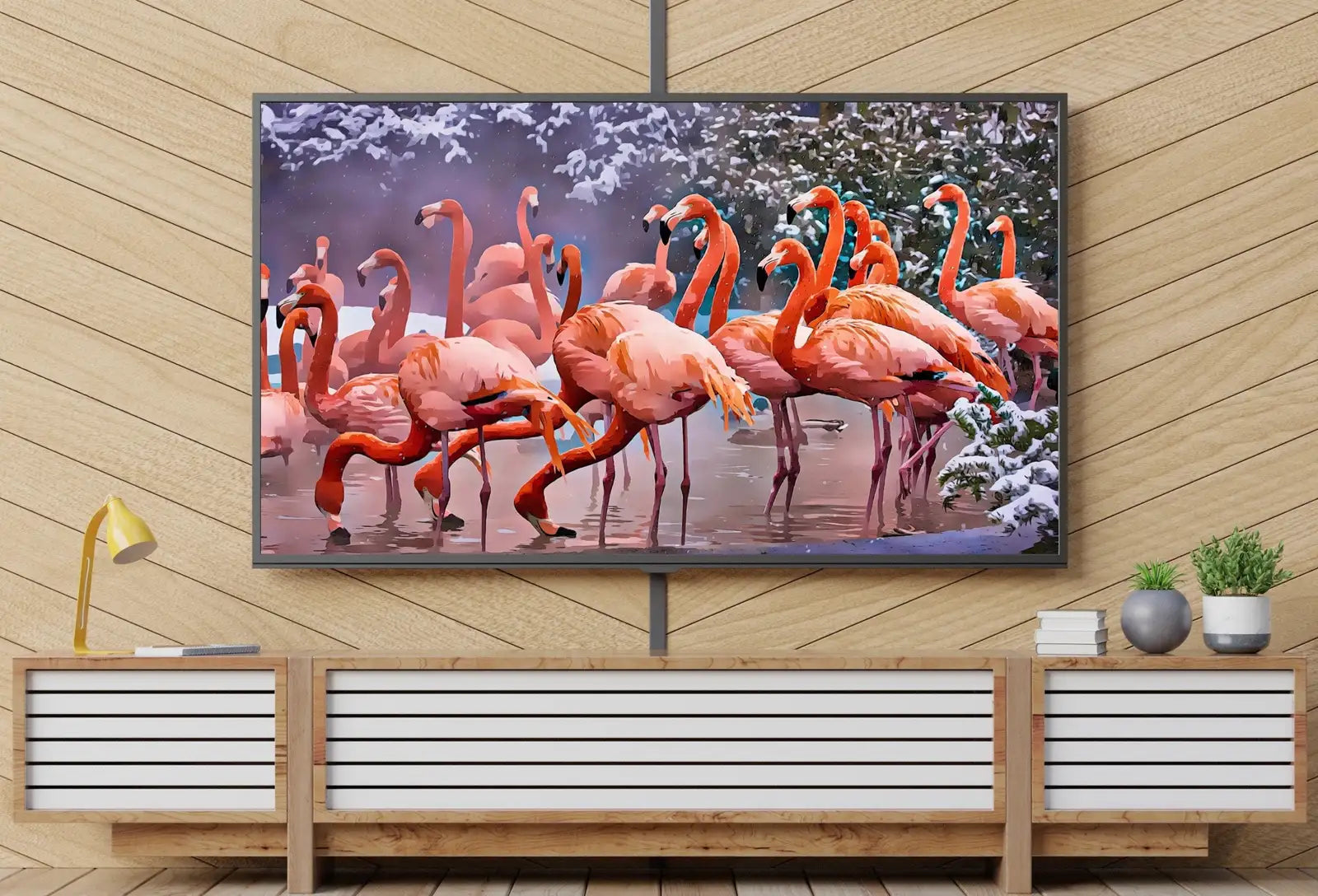 Detail view of artwork from Flamingos in Winter Frame TV Art Digital Download, Digital Art for Tv, Colorful Art for Frame TV Tropical Bird Decor. (variation 1)