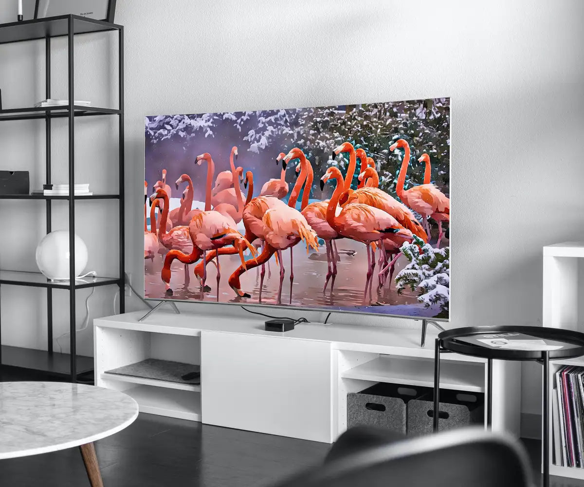 Detail view of artwork from Flamingos in Winter Frame TV Art Digital Download, Digital Art for Tv, Colorful Art for Frame TV Tropical Bird Decor. (variation 2)