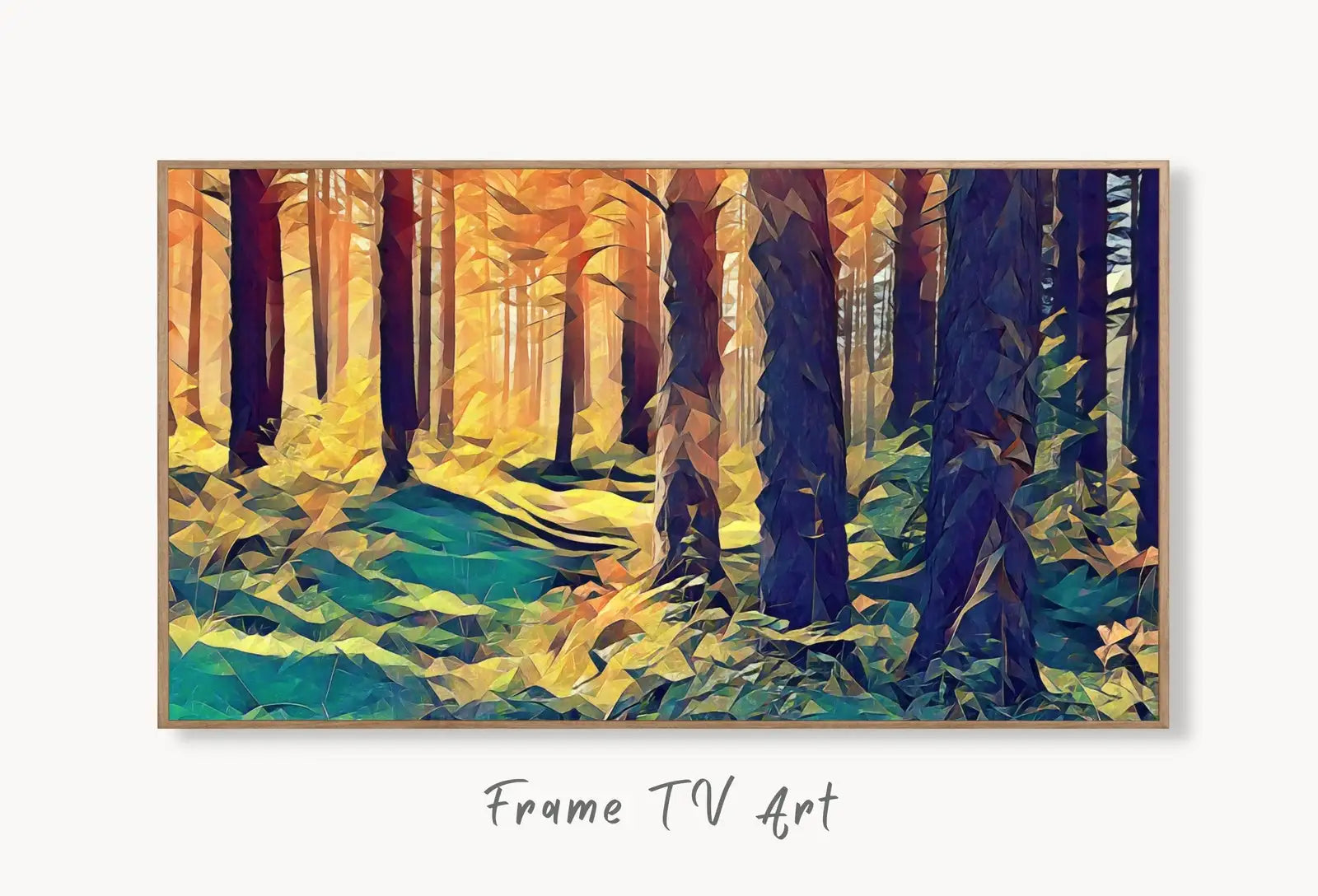 Forest in the Fall Frame TV Art Landscape Painting Digital Download, Digital Art for Tv, Colorful Autumn Abstract Frame TV Art displayed on Samsung Frame TV on a living room wall.