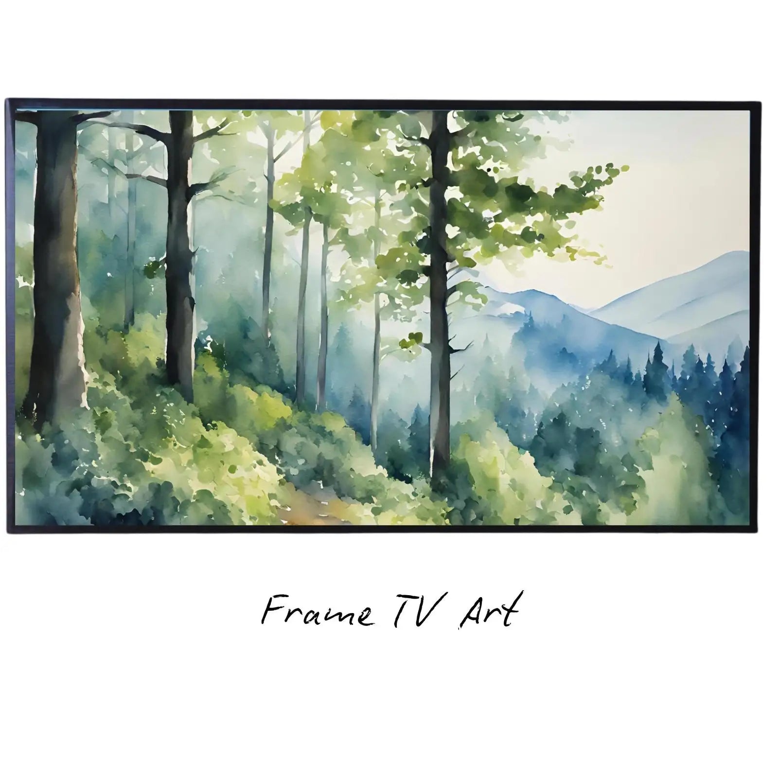 Forest Landscape Art For Frame TV I Minimalist Nature Digital Artwork I Modern Wall Decor For Samsung Frame TV displayed on Samsung Frame TV on a living room wall.