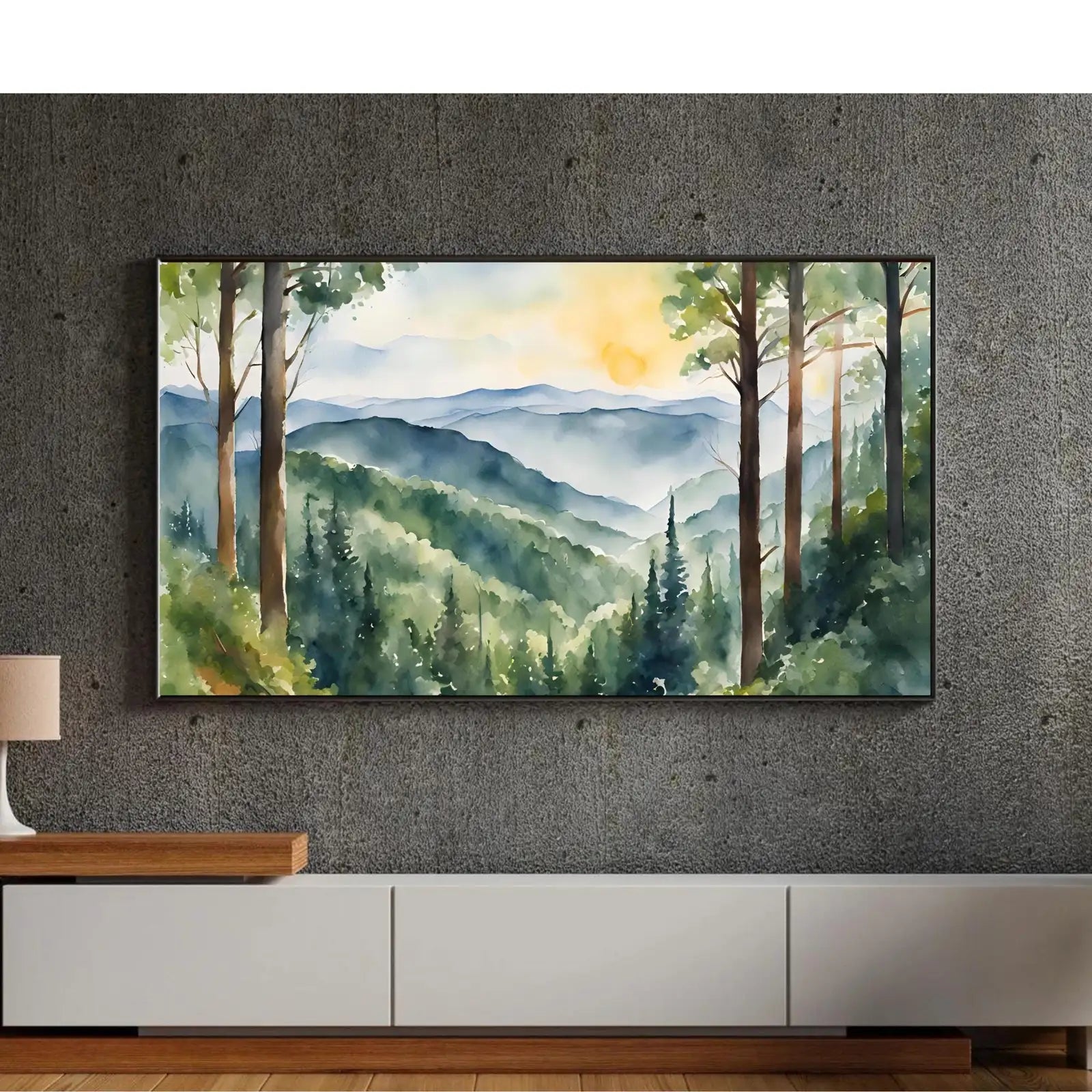 Included artwork preview showing first selection of artworks from Forest Landscape Art for Samsung Frame TV I 4K Mountain Scene Wall Decor I Watercolor Nature Print for Frame TV.
