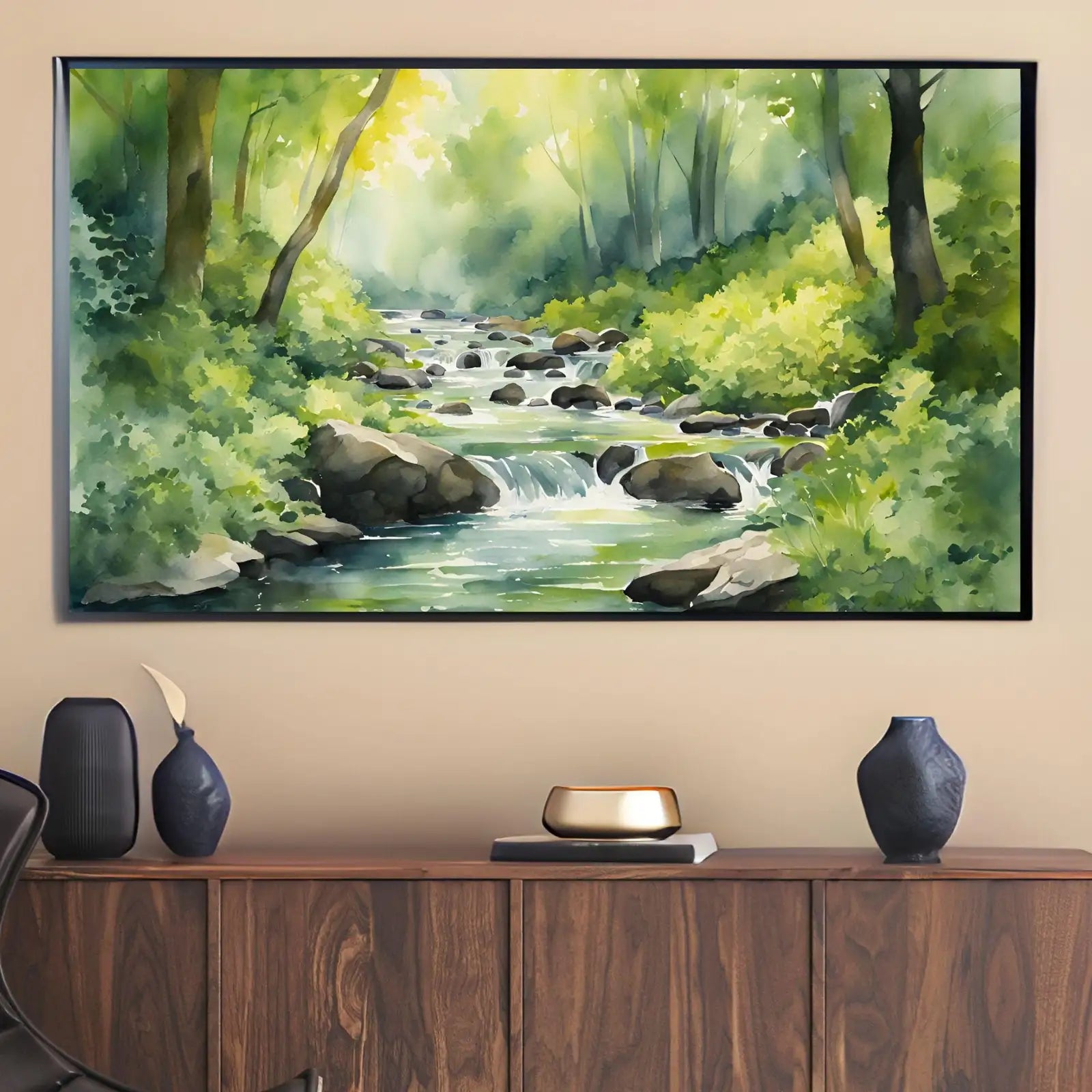 Second included artwork preview from Forest River Art For Frame TV. Watercolor Nature 4K Art Design. River Scene Decor For Samsung Frame TV featuring various scenes.