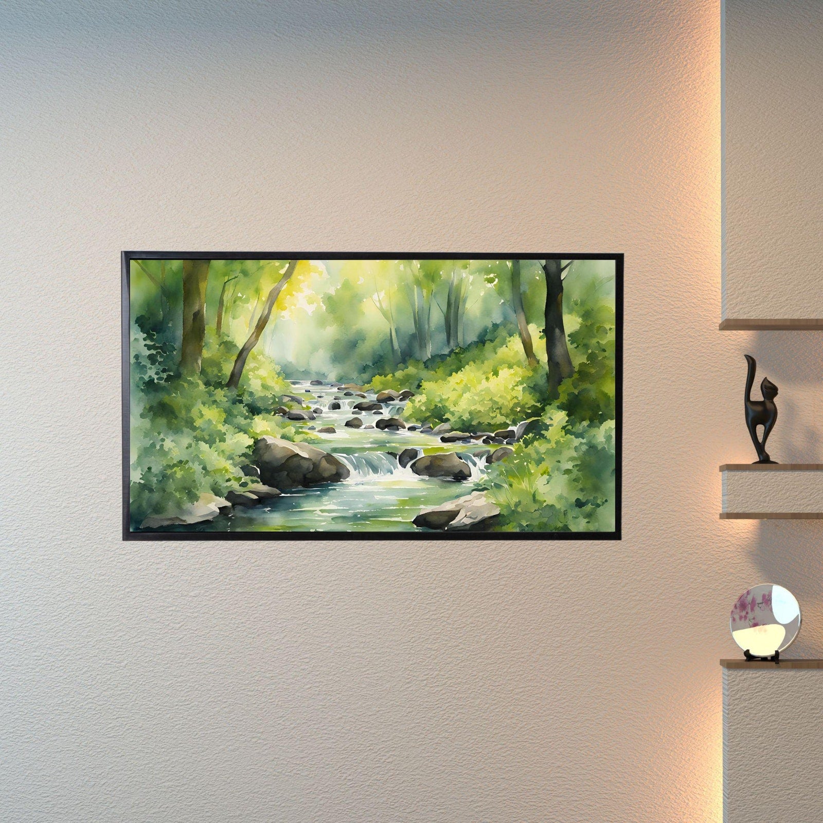 Detail view of artwork from Forest River Art For Frame TV. Watercolor Nature 4K Art Design. River Scene Decor For Samsung Frame TV.