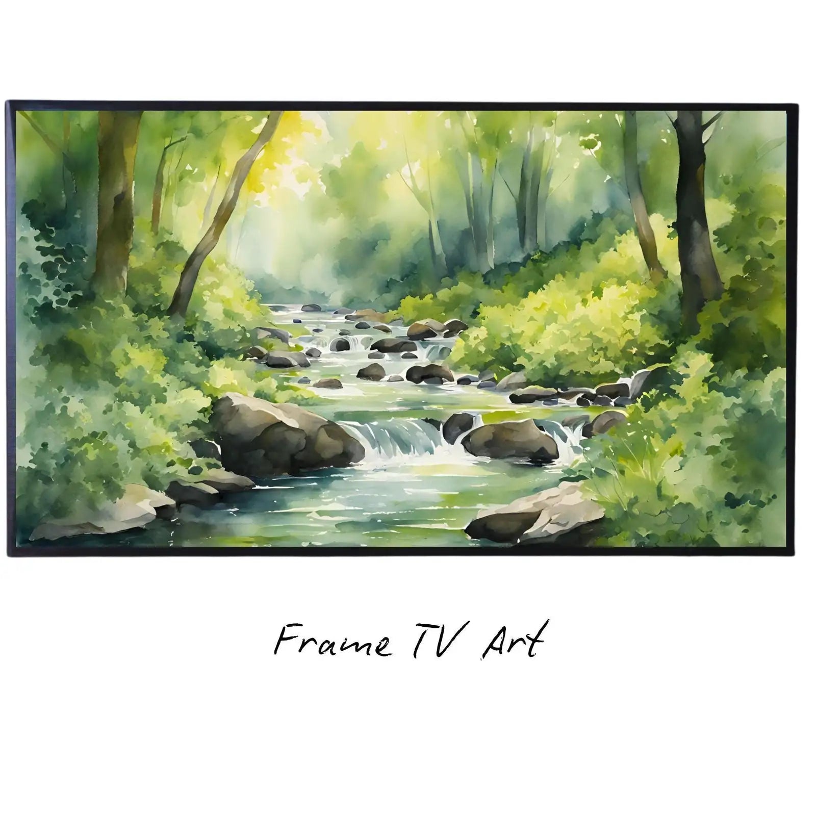 Forest River Art For Frame TV. Watercolor Nature 4K Art Design. River Scene Decor For Samsung Frame TV displayed on Samsung Frame TV on a living room wall.