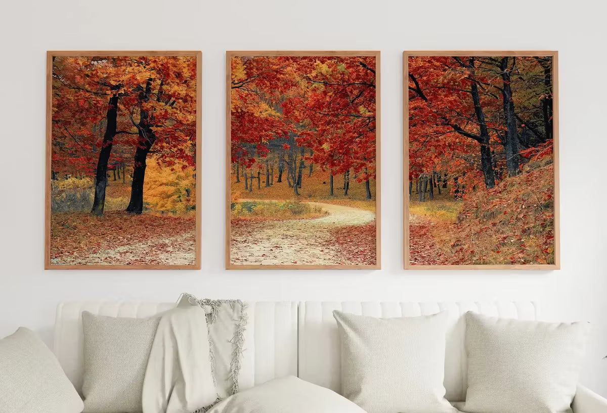 Forest Trail in the Fall 3 Piece Wall Art | Landscape Painting | Nature Print | Set of 3 Prints | Home or Office Decor | Instant Download – Printable Wall Art Set
